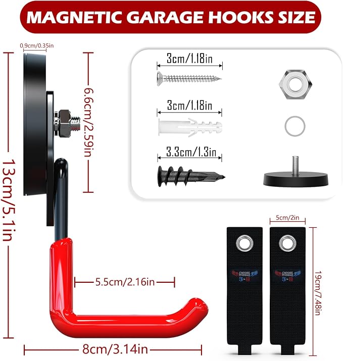 3-H Heavy Duty Magnetic Hooks, Large Magnet Hooks,4 Pack Red | No-Drill Tool Holder for Garage,Power Drill,Garden Tools,Hose Storage
