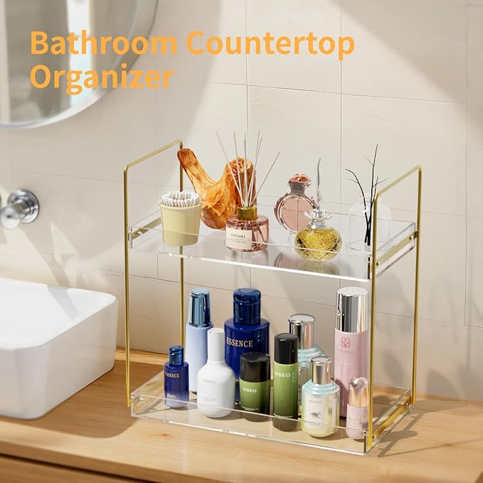 NPPLUS 2 Tier Bathroom Counter Organizer Gold Acrylic Tray Vanity | Kitchen Under Sink Standing Rack, Home Storage Holder for Lotion Makeup Cosmetics Perfume Spice