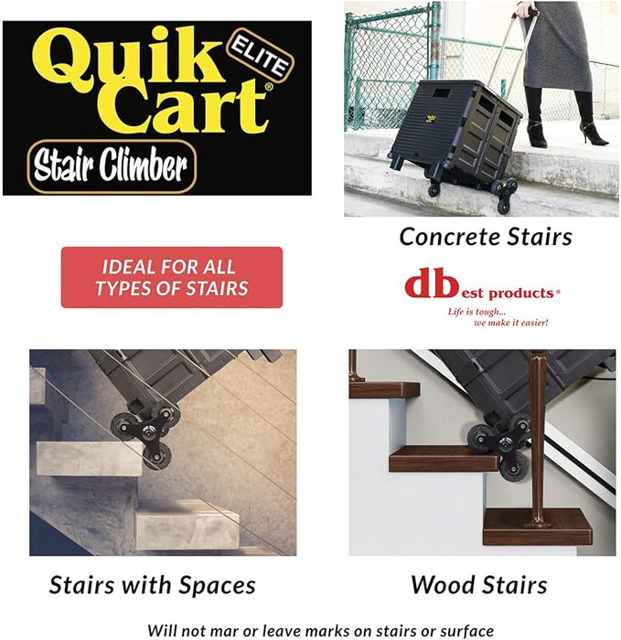 dbest products Quik Cart Elite Stair Climber Wheeled Rolling Crate Teacher Utility With seat Heavy Duty Collapsible Basket With Handle, Black | Collapsible, with Wheels, 120 lbs Capacity, Heavy Duty, Telescoping Handle, Folding Utility Cart with Seat
