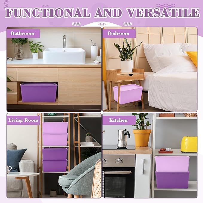 4 Pcs Storage Bins with Lids Plastic Stackable Containers for Classroom Room Organizing Shelves Christmas Ornament Box Baskets(Dark Purple, Light Purple,Small)