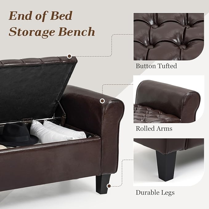 55" Storage Ottoman Bench for Living Room, End of Bed Bench with Rolled Arm Leather Ottoman with Storage Upholstered Entryway Bench Retro Style Footboard Bench for Bedroom, Brown