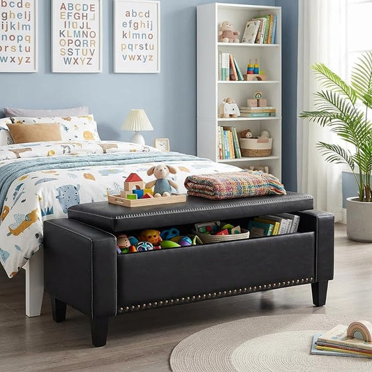 AKMAKM 49''W Storage Ottoman Bench, 30 Gallons End of Bed Bench, Faux Leather, Mid Century Modern, Upholstered Bench with Storage and Seat for Entryway, Living Room, Holds up to 350 lb, Black