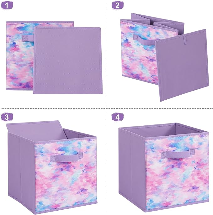 Stero Fabric Storage Cubes, 6 Pack Foldable Storage Bins with Handle, 11 Inch Box for Shelves, Closet, Organizer, Tie-dye Purple