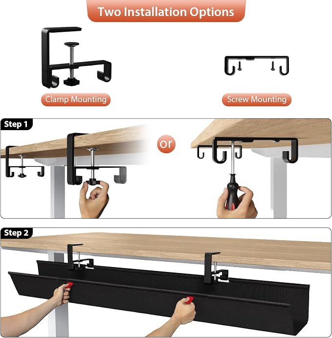 Univivi No Drill Under Desk Cable Management Tray, 48 inch Cable Management | Clamp/Screw Mount Desk Cable Organizer, Premium Fabric Cable Management Tray, Large Capacity Cord Organizer for Office, Home