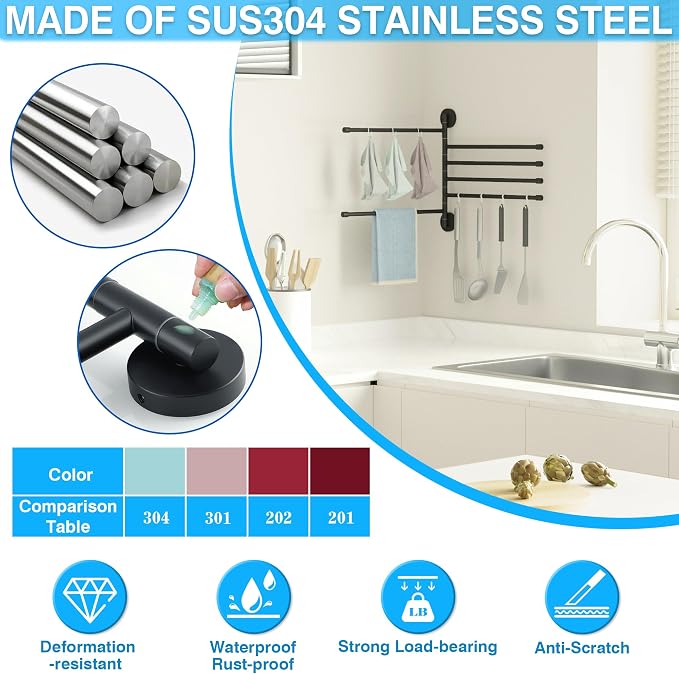 Alise Swivel Towel Rack 13.9", 6 Arm Swing Out Towel Bar, Matte Black | Space Saving Swing Arm Towel Rack for Bathroom Kitchen, 180° Rotating, SUS304 Stainless Steel