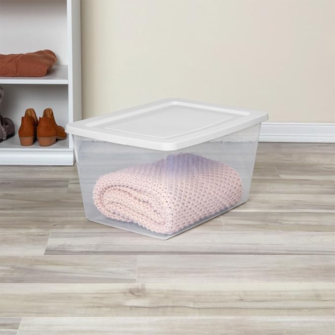 Sterilite Clear Storage Box Stackable Tote, 58 Quart, 32-Pack | Clear Plastic Container with Secure Snapping Lids for Home and Office Organization, White