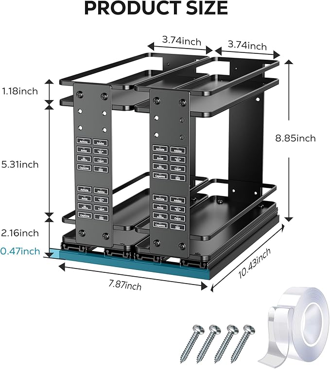 Nieifi Pull Out Spice Rack Organizer, 2 Tiers, Black | Spice Organization for Cabinet, Height Adjustable, Easy to Install