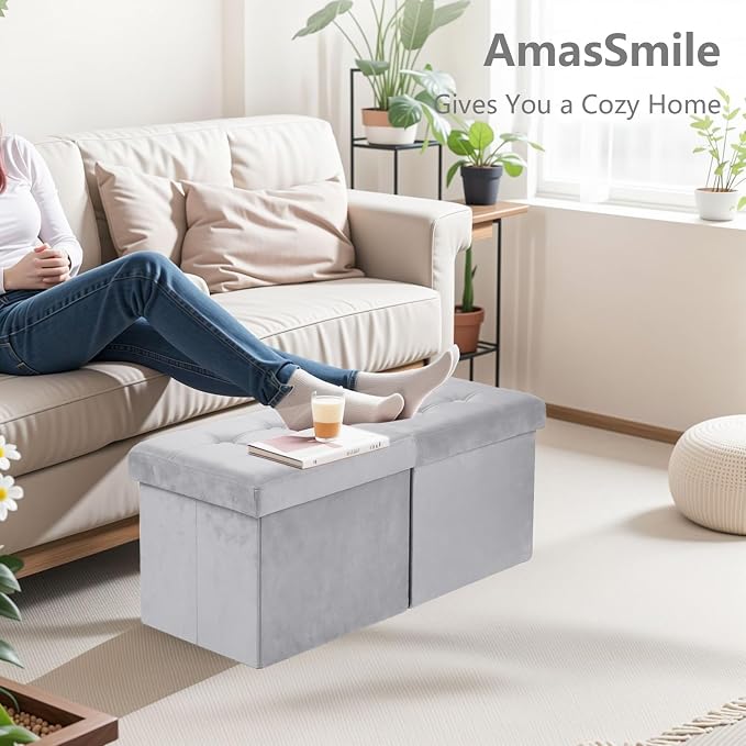 AmasSmile Footrest Ottoman Storage Bench, 34" Velvet Folding Stool, Grey | Large Ottoman with Storage, Thicker Foam Padded Seat, Livingroom, Dorm, Bedroom, Entryway, Easy to install, 34 x 13 x 13in
