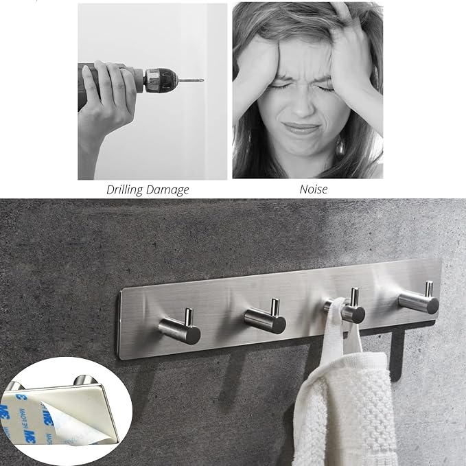 Kingdong Key Holder for Wall 304 Stainless Key Hooks Adhesive Key Holder Wall Mount Key Hanger with 4 Heavy Duty Hooks Key Organizer for Kitchen, Bedroom, Bathroom (Sliver(4 Hooks))