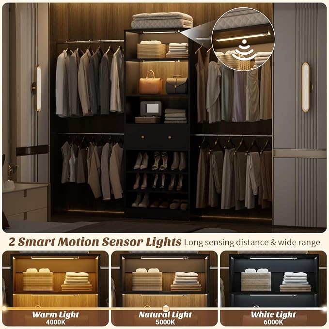 Wood Closet Organizer System with Sensing Light - 4FT-9FT Expandable Wardrobe Closet with Drawer & 4 Hanging Rods, Heavy Duty Walk-in Closet 1000Lbs for Bedroom Walk-in Closet, Black
