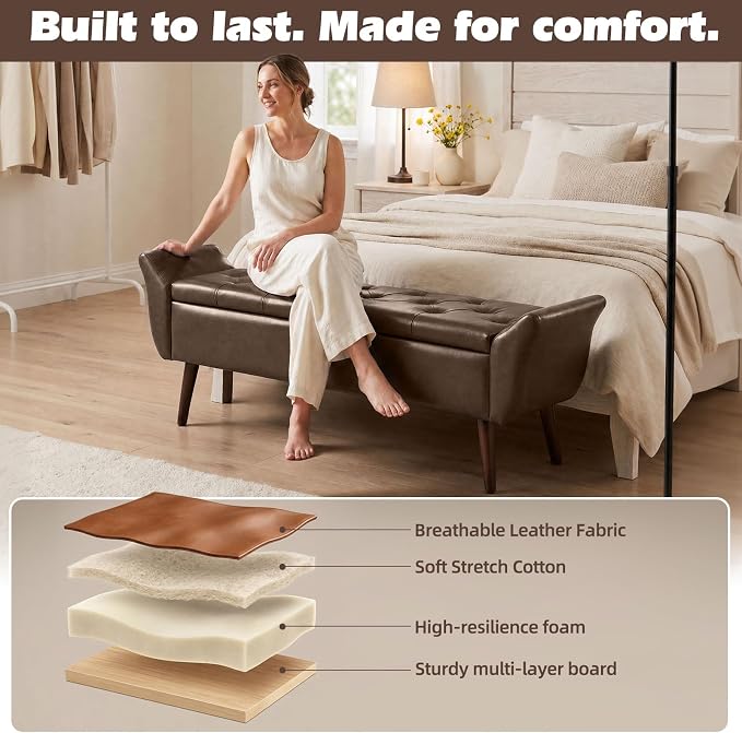 Storage Ottoman Bench 64’’Length 65L Faux Leather End of King Bed Bench