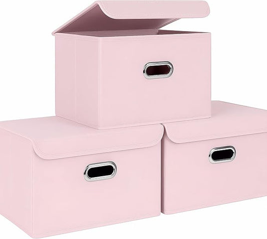 STOREONE Fabric Storage Cube Bins Foldable Organizer Container Collapsible Basket with Lids and Metal Handles, for Home, Bedroom, Closet 3 Pcs (multicolour-light pink)