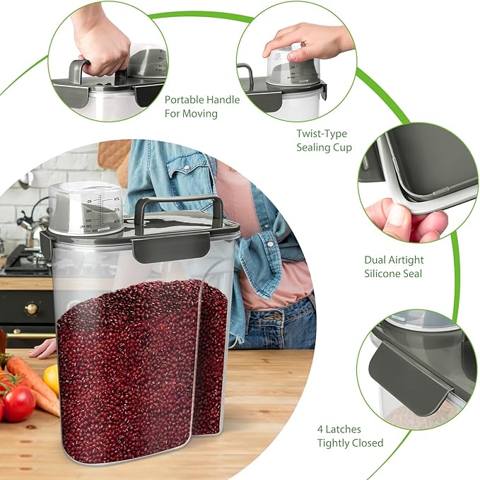 Viretec Rice Storage Container, 5 to 10lb Dry Food Airtight Dispenser, Pet Dog Cat Food Canister, BPA Free Clear Plastic Kitchen and Pantry Organization Bin for Oatmeal, Grain, Cereal, Pasta, Flour
