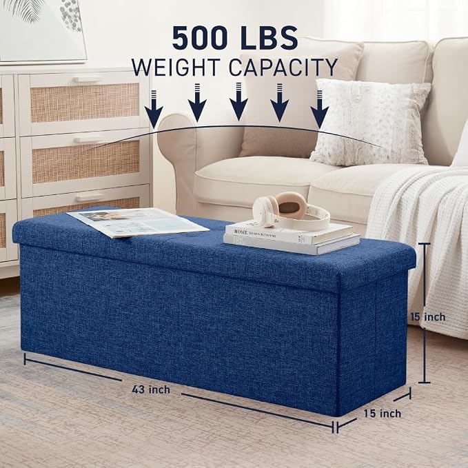 Ornavo Home 43 Inch Folding Extra Large Storage Bench, Linen, Navy Blue | Upholstered Tufted Ottoman with Lid; Foot Rest Stool; Ideal for Bedroom, Living Room or Entryway