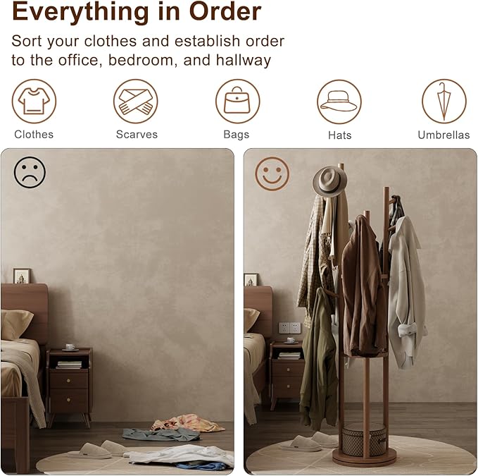 Muwuele Solid Wood Rotary Coat Rack, Freestanding Coat Rack with 3 Shelves and 9 Hooks, Coat tree for Bedroom, Entryway, Livingroom, Coat Hanger Stand for Coats, Scarves, Handbags (Walnut)