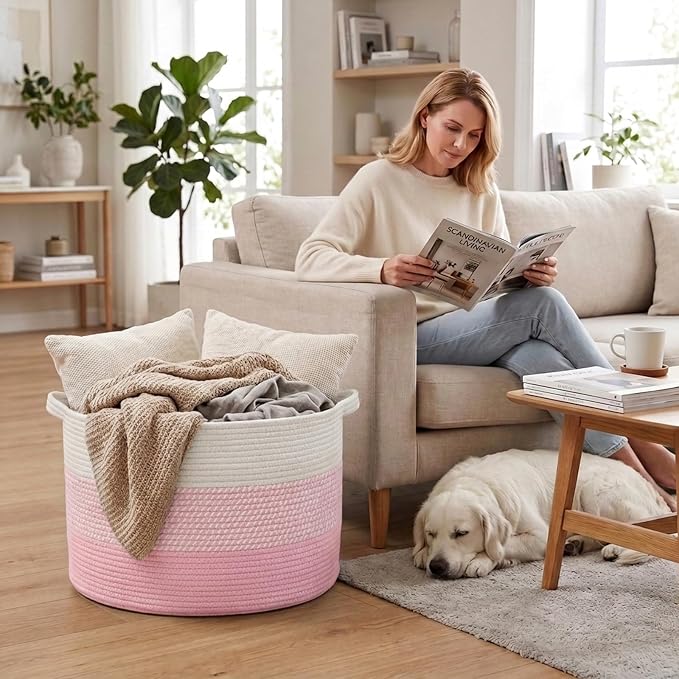 115L Extra Large Blanket Basket,Woven Laundry Basket-Mixed Pink | Collapsible, reinforced handles, nursery storage bin organizes clothes, toys and pillows for living room, bedroom bathroom