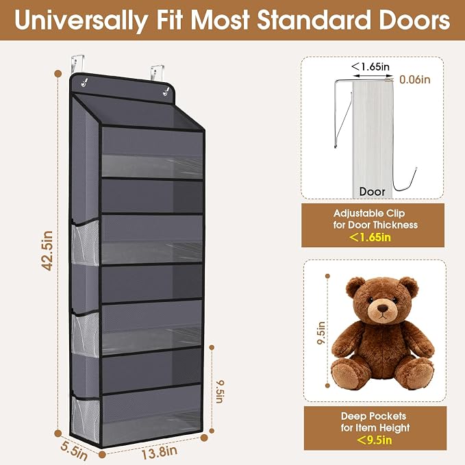 Over The Door Organizer Storage behind Door Hanging Organizer for Nursery | 4 Tier, 6 Side Pockets, Clear Window, Sturdy Construction, Space-Saving Storage for Closet, Bedroom, Bathroom & Nursery