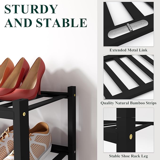 Smiry Bamboo Shoe Rack, 12 Vertical Slats, 4 Tier - 33.7" Wide, Black | Stackable Free Standing Wooden Shoe Organizer, Wood Shoe Storage Shelf for Closet, Entryway