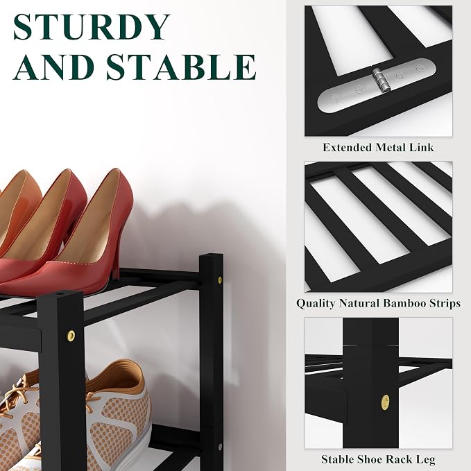 Smiry Bamboo Shoe Rack, 12 Vertical Slats, 5 Tier - 26.8" Wide, Black | Stackable Free Standing Wooden Shoe Organizer, Wood Shoe Storage Shelf for Closet, Entryway