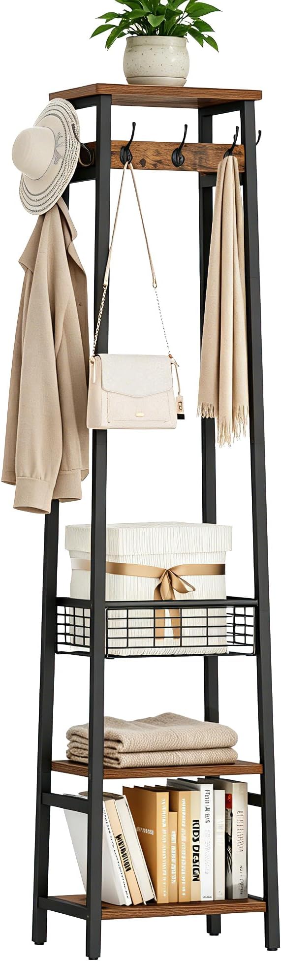 Coat Rack with Metal Basket and Storage Shelves | Coat Stand Freestanding, Hall Tree With and 7 Hooks, Clothes Rack Stand Organizer, Rustic Brown and Black