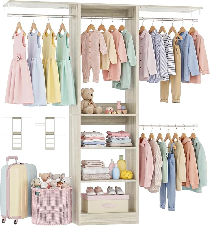 48" Small Closet System, Space-Saving Wall-Mounted Wardrobe Organizer, Mini Garment Rack for Narrow Spaces, Morning Outfit Prep Station & Nursery Dress-up Storage, White Oak