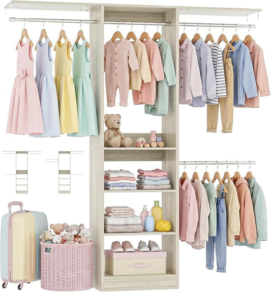 48" Small Closet System, Space-Saving Wall-Mounted Wardrobe Organizer, Mini Garment Rack for Narrow Spaces, Morning Outfit Prep Station & Nursery Dress-up Storage, White Oak