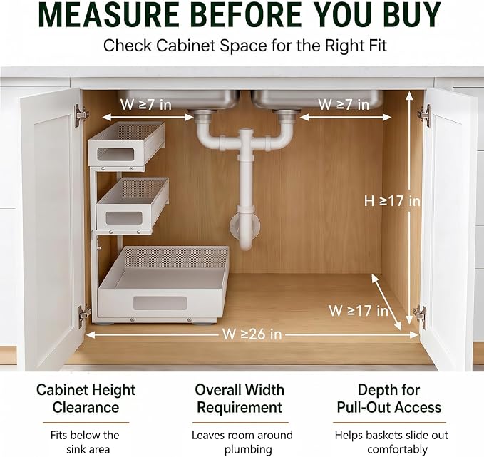 3 Tier Under Sink Organizer,2 Pack Pull Out Cabinet Shelves with Adjustable Height,Heavy Duty Carbon Steel L-Shaped Storage for Kitchen Bathroom Sink,Pantry & Laundry,White