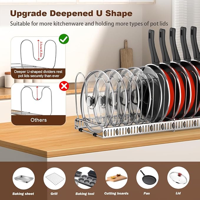 Housolution Pot and Pan Lid Organizer Holder Storage Rack, Silver | 12"-23" Expandable, 14 Adjustable Dividers, Sturdy Stainless Steel Construction, Easy Assembly