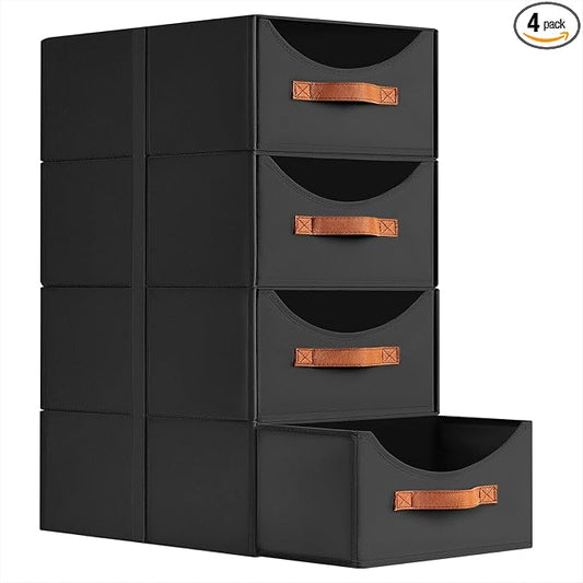Homsorout Closet Organizers and Storage - Large Stackable Storage Bins with Drawer, Fabric Bins for Organization, Collapsible Storage Drawers Organizer for Bedroom, Living Room, 4 Pack, Black
