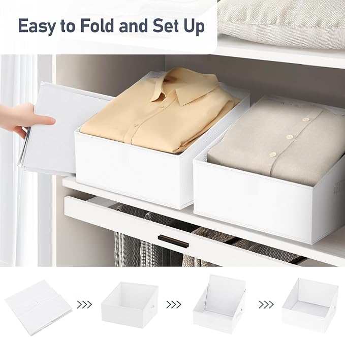 DIMJ Closet Storage Bins 6 Pack - Fabric Trapezoid Organizer Bin, Foldable Storage Baskets for Shelves, Closet Shelf Organizer, Clothing Storage Box for Toys, Books, Towel, Clothes, White
