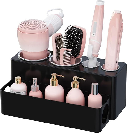Lifewit Hair Tool Organizer Dryer Holder Countertop with 4 Cups, Black | 4 Stainless cups Tools Organizer, Acrylic body Hair Product Storage for Curling Iron, Brush, Straightener, Bathroom