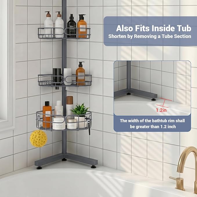 Standing Shower Caddy Corner, 4-Tier Adjustable Height Bathroom Organizer, 6-Section Pole, Sturdy Floor Standing Shelf for Shower or Bathtub – No Drilling, No Spring Tension (Gray)