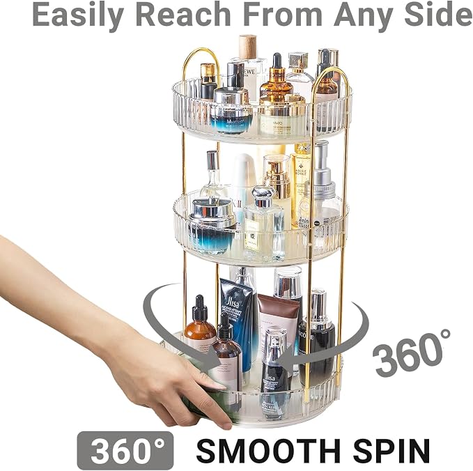 Asayuee 360 Rotating Makeup Organizer,3 Tier Large Capacity Make Up Organizers and Storage,Skincare Perfume Vanity Organizers,Bathroom Cosmetics Storage Organizer Countertop (Clear-3 Tier)
