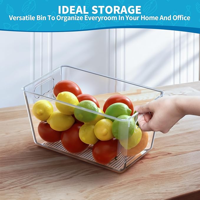 Clear Fridge Organizer Bins with Handles, 6 Pack Medium 10×6×5 Inch | Clear storage bins with handles, food organizer basket for kitchen, fridge, freezer and bedrooms