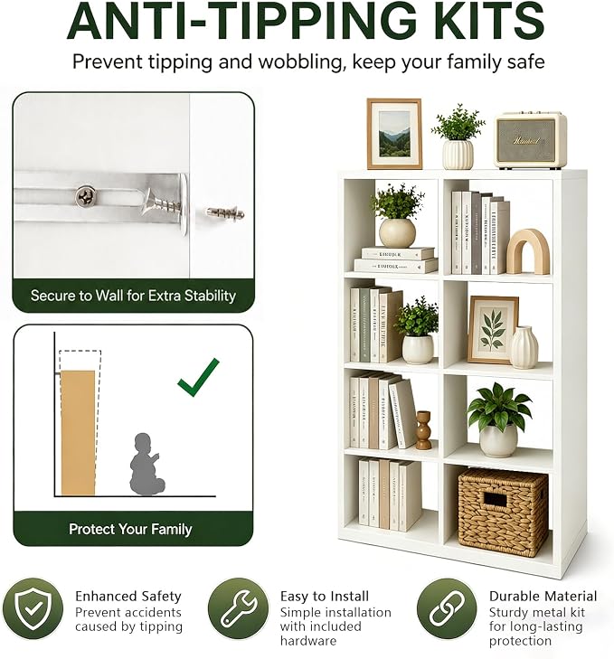 8 Cube Storage Organizer Shelf, White, 13 inch | Wooden Thick Frame, Anti-Tipping Kits, Reversible Open Back Bookcase, Horizontal and Vertical Dual-use, Standing Bookshelf