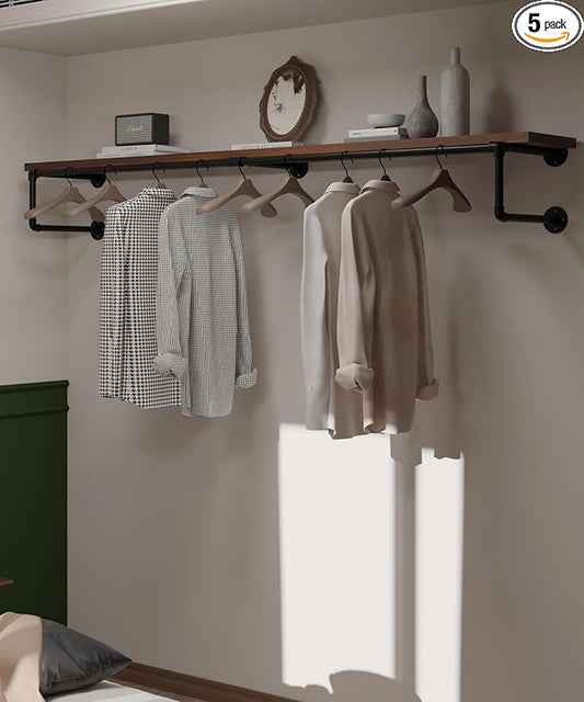 Clothes Rack 70in, Wall Mounted Garment Racks with Walnut Solid Wood Shelf, Heavy Duty Hanging Clothes Rack, Multi-Purpose Hanging Rod, Space-Saving Closet Storage