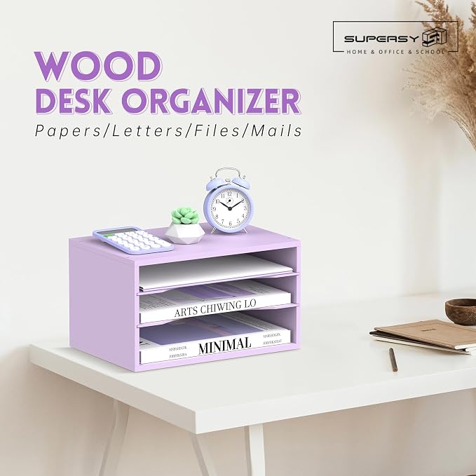 3 Tier Wood Desk Organizer, Paper Organizer for Desk, Purple | Wooden Desktop Organizer for Sorting Papers, Letters and Mails, Literature Organizer for Home Office, Classroom Organization