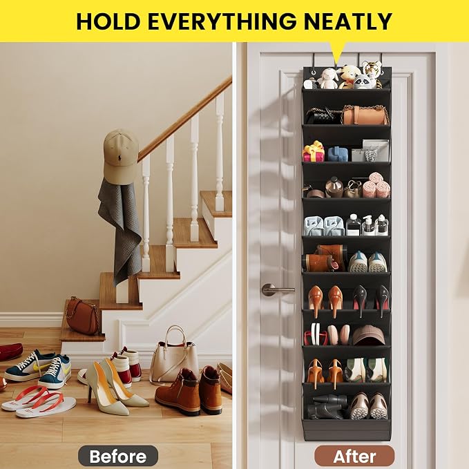 Mefirt 20-25 Pairs Over the Door Shoe Organizer, Clear Pockets Shoe Rack for Closet Door, 10-Tier Hanging Shoe Rack for Boots, Behind the Door Shoe Holder Fit All the Family's Sneakers, Heels, Black