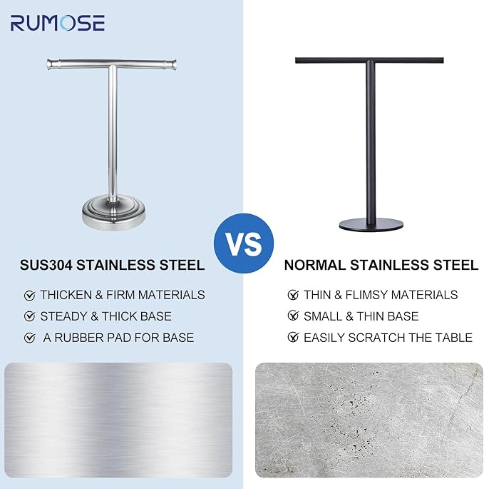 RUMOSE Polished Chrome Hand Towel Holder Stand Countertop Towel Rack | 13 Inch Bathroom Kitchen Vanity T-Shape Towel Stand Free Standing Stainless Steel Towel Bar Towel Ring