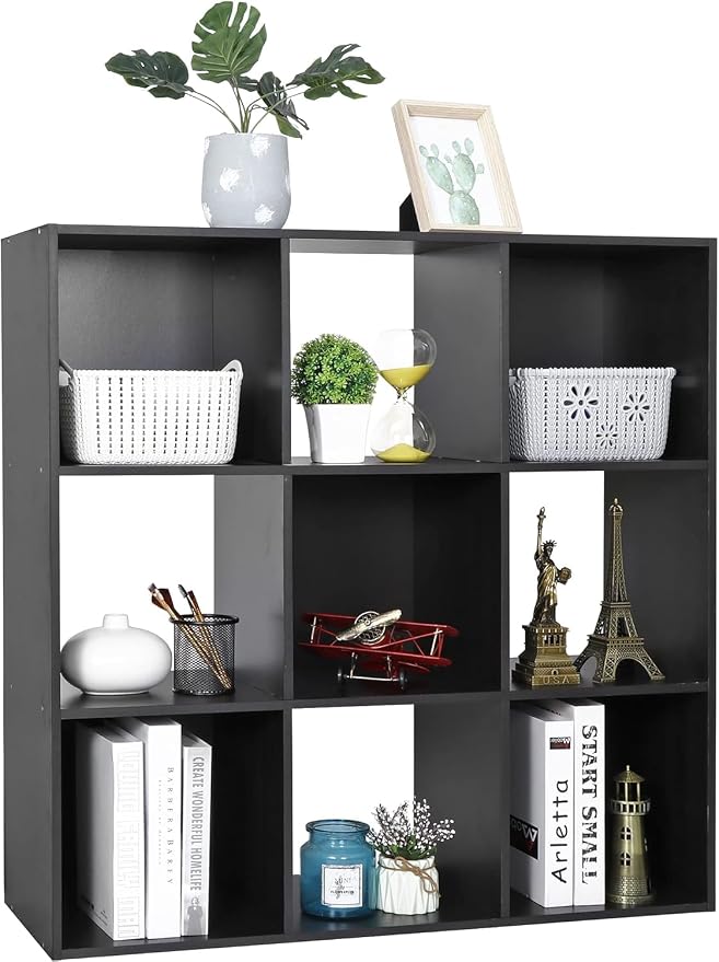 9-Cube Storage Organizer,Wooden Bookshelf Cube Storage,Freestanding Bookcase w/5 Removable Back Panels,Display Shelf Bedroom, Living Room, Home,Office,Study,Black