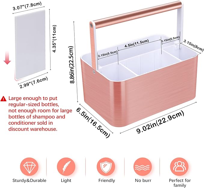 BYUNER Compact Shower Caddy Dorm - Portable Bathroom Caddy Organizer with Handle and Adjustable Divider for College Dorm & Shared Bathroom, Hard Plastic Shower Basket Tote for Toiletry Drainage, Pink