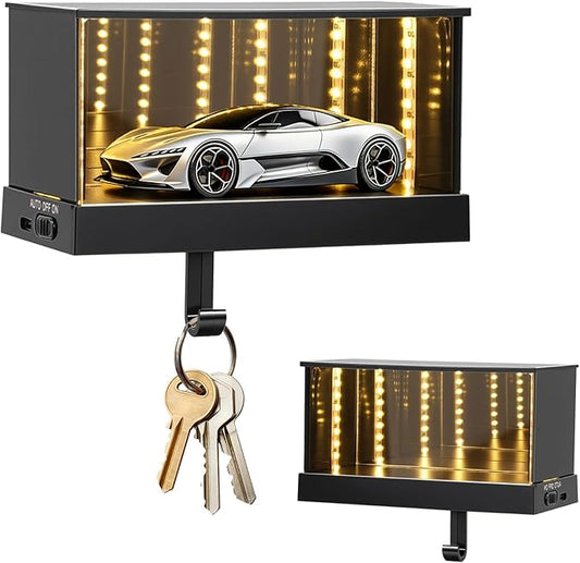 Magnetic Infinity Car Garage Key Holder with LED, Rechargeable Race Car Key Holder for Wall, Glowing Small Cars Garage Key Holders with Opening Door