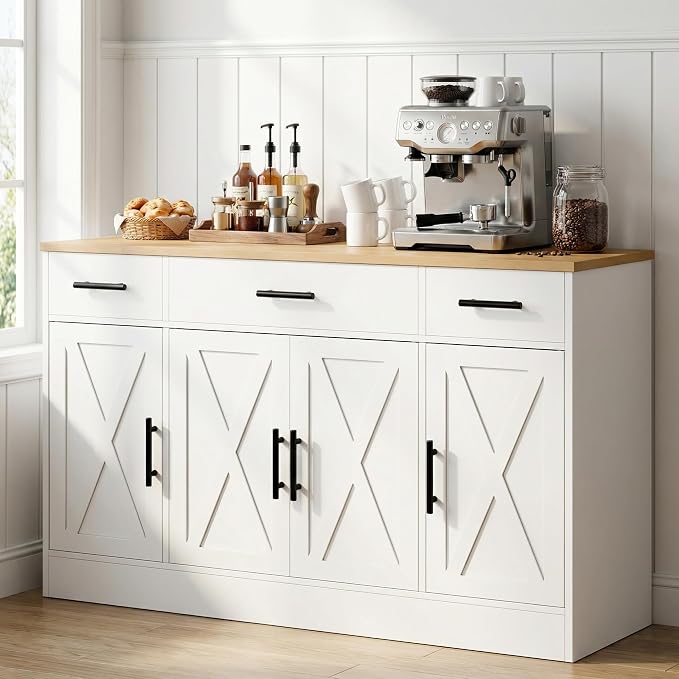 Buffet Sideboard Cabinet with 4 Doors, Farmhouse Kitchen Storage Cabinet with Adjustable Shelves, Freestanding Coffee Bar Cabinet for Dining Room, Living Room & Kitchen, Classic White