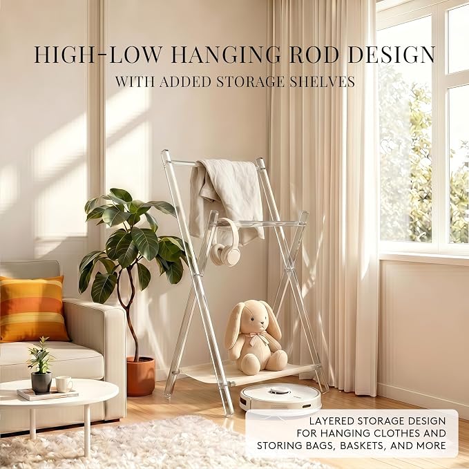 Acrylic Clothes Rack, Foldable Children's Clothing Rack,with Shelves Portable Coat Rack, Suitable for Entrance Hall, Bedroom, Living room, and Bathroom for Hanging Clothes of Babies and Pets.