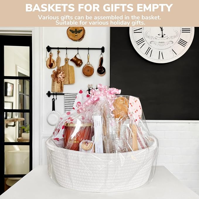 CHICVITA 2-Pack Gift Baskets Empty with Bags & Ribbon, Toy Basket, White | 12"x 8"x 5" Rope Gift Basket Empty to Fill for Baby Shower, Gift Basket for Organizing, Holiday Basket, Toy Storage for Kids