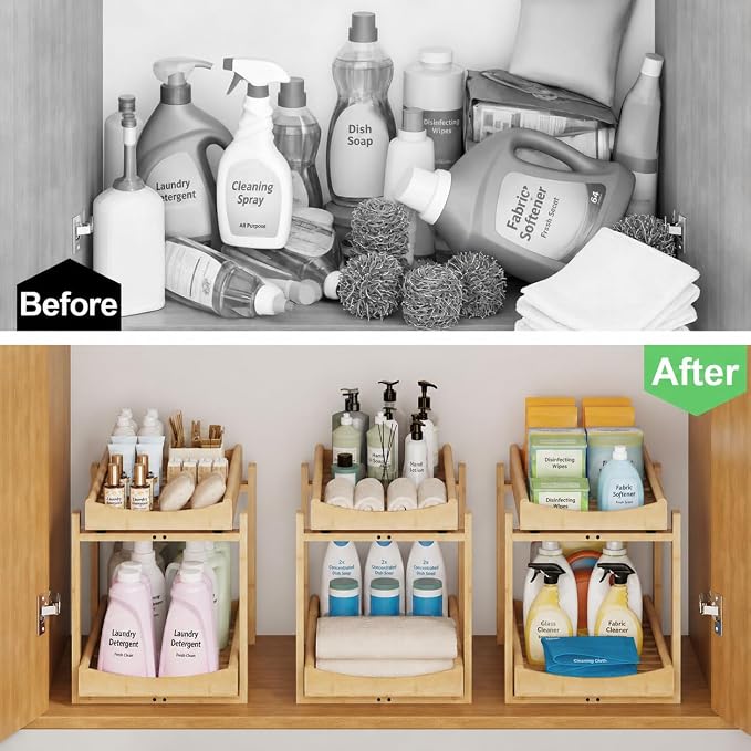 MHXW SXPN Bamboo Under Sink Organizer, 2 Pack Pull Out Cabinet Organizer | 2 Tier Vertical Smooth Slide Out Undersink Storage Shelf | Multi-Purpose Organizer Shelves for Kitchen Bathroom Medicine