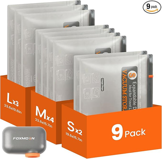 Vacuum Bags for Clothing Travel with Rechargeable Electric Pump, 9 Pack Compression Vacuum Storage Bags for Luggage and Seasonal Storage, Space Saver Seal Bags for Cruise and Vacation