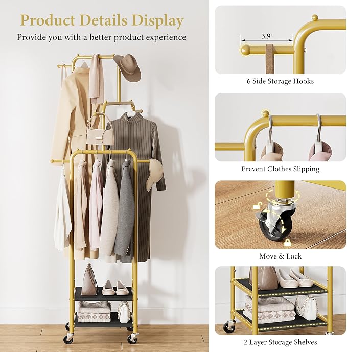 Chrislley Small Clothing Rack With Wheels & 2 Shelves, Narrow Clothes Rack | 3-Section Different Heights Metal Rolling Garment Rack, 71" Tall Portable Coat Rack with 6 Hooks for Bedroom, Entryway, Gold