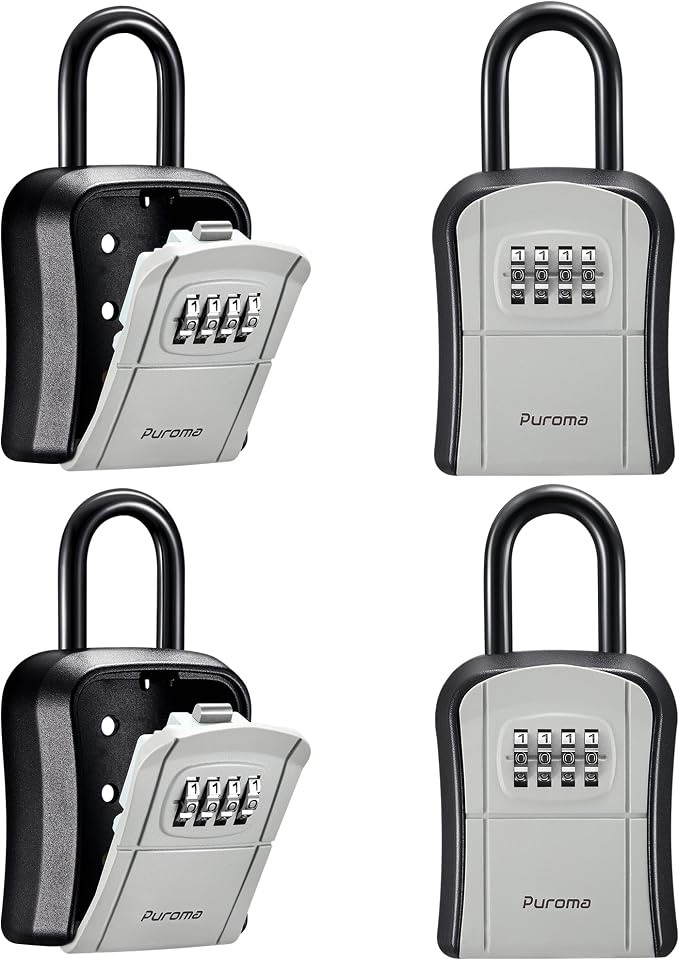 Puroma Key Lock Box, Portable Combination Lockbox Wall-Mounted Key Storage Box for House Keys, Resettable Code Safe Security Lock Box for Home, Office, Apartment Spare Key Storage (4 Pack, Gray)