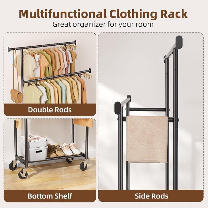 Simple Trending Clothes Rack, Double Rods Clothing Rack with Shelf, Black | Metal Garment Rack, Portable Wardrobe Closet, 360° Lockable Wheels, Multifunctional Use, Bedroom, Laundry Room